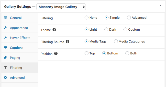 Gallery Filtering simple settings