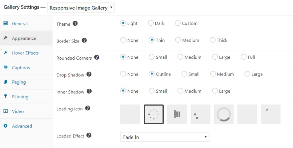 Responsive Image gallery appearance settings