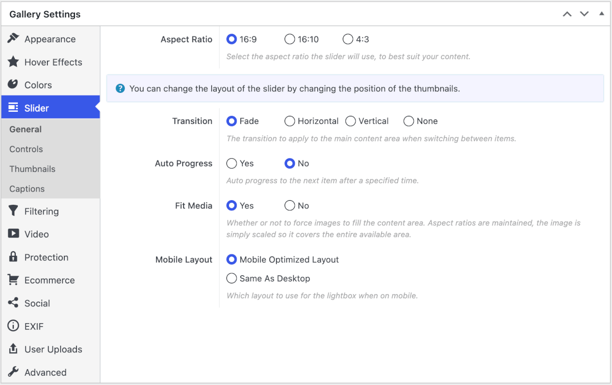 General settings for slider pro gallery