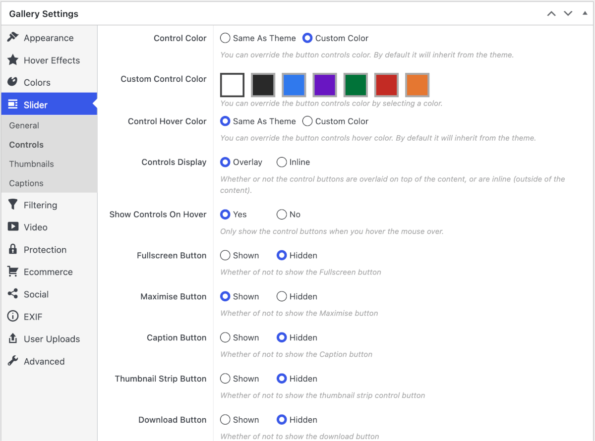 controls settings for slider pro gallery