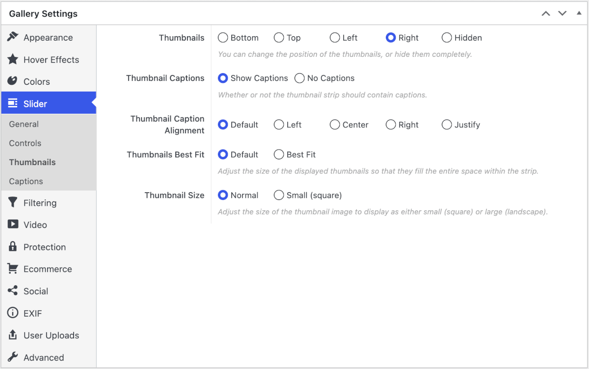 Thumbnail settings for slider pro layout in FooGallery Pro