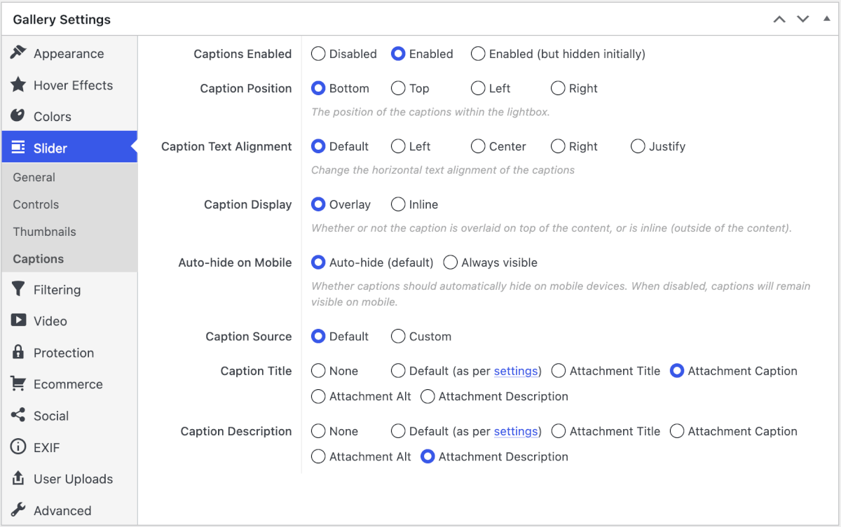 captions display and controls in slider pro gallery