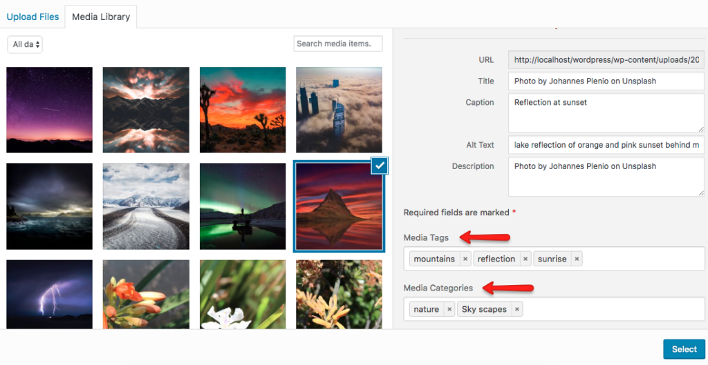 Enter tags and categories when uploading images to media library