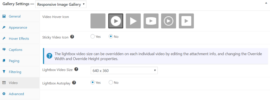 Video settings for FooGallery Pro