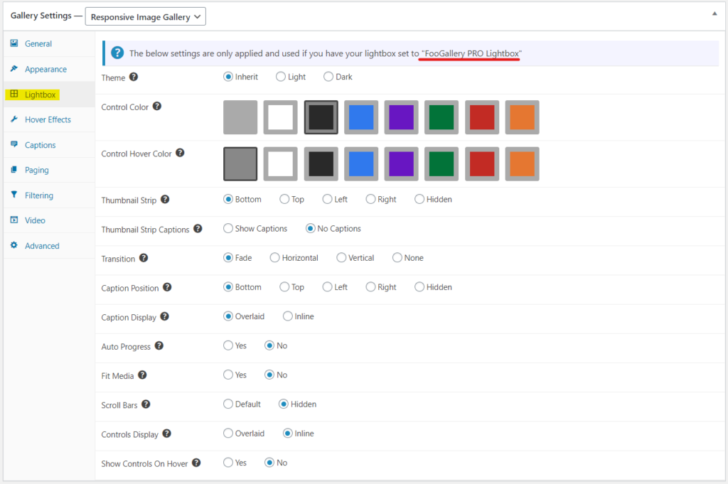 FooGallery PRO lightbox customization options