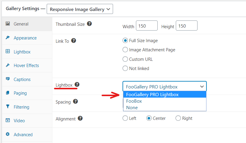 enable foogallery lightbox in the general gallery settings