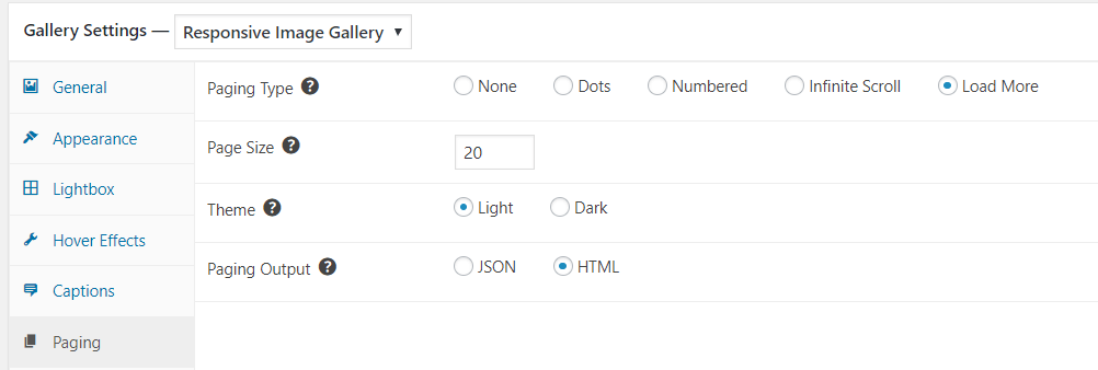 Pagination options: Numbered, Infinite Scroll and Load More