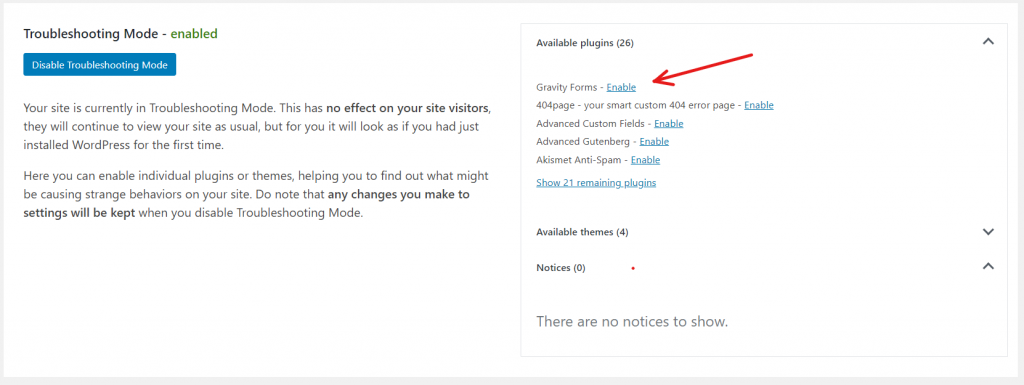 Enable plugins or themes using Health Check