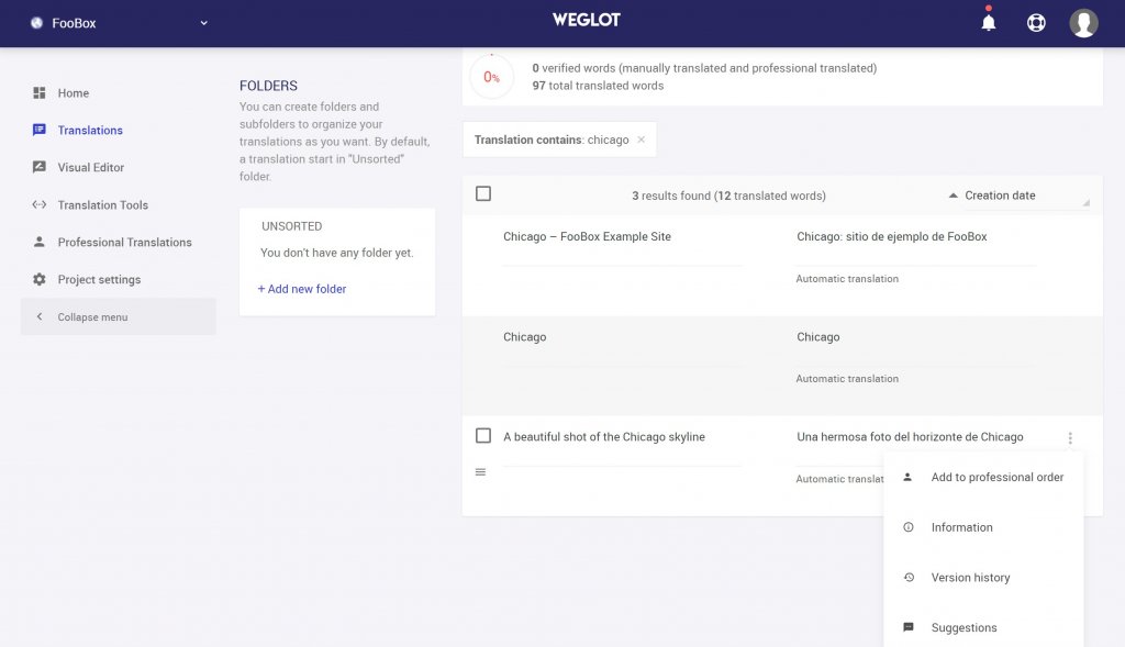Weglot translation interface for adding WordPress two languages functionality