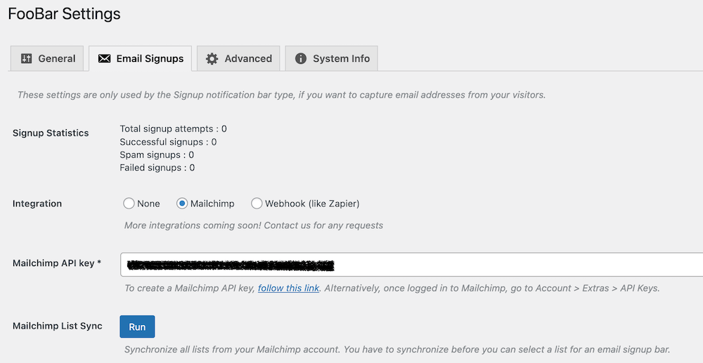 foobar integration with mailchimp for signup bar