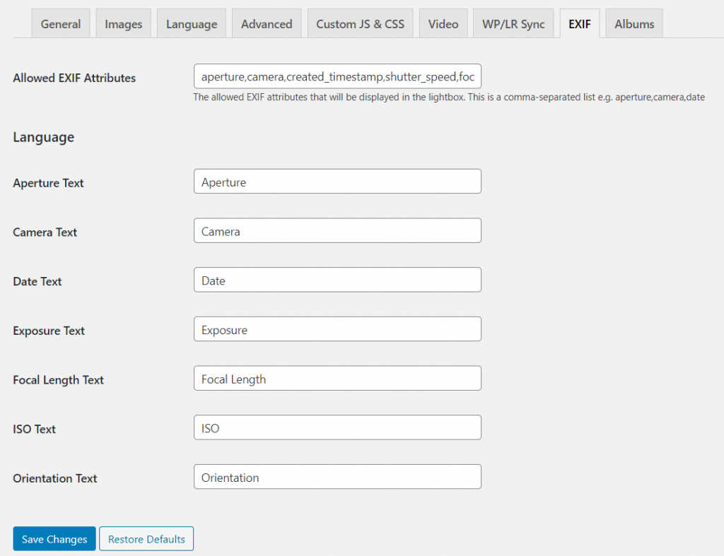Global EXIF Settings