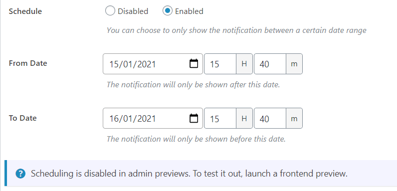 Scheduling settings for foobar pro notification bars