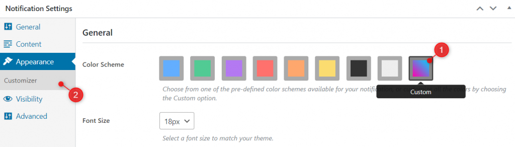 Appearance customizer to create custom color scheme for FooBar notification bars