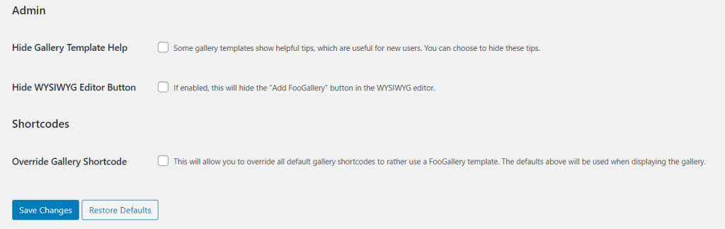 Admin settings for foogallery free and pro