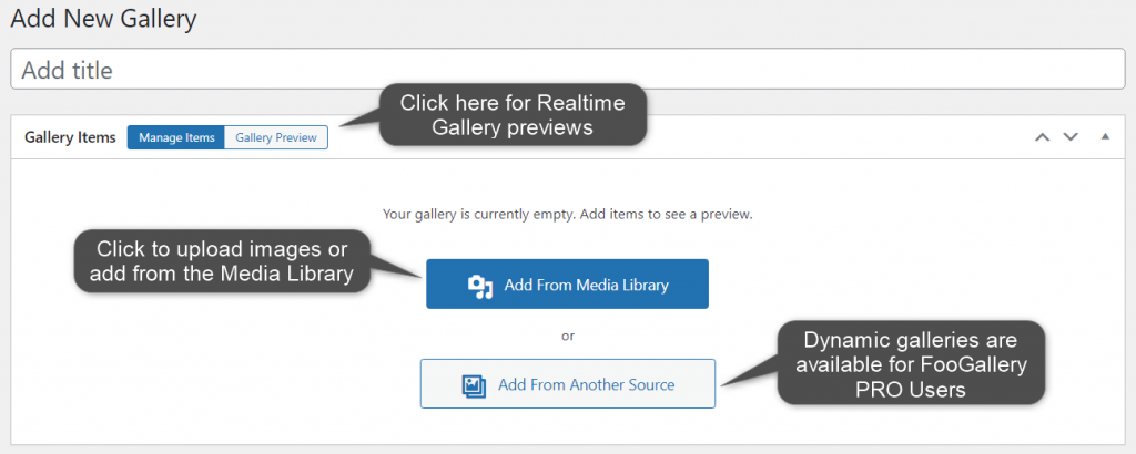 add new FooGallery by uploading images or creating a dynamic gallery