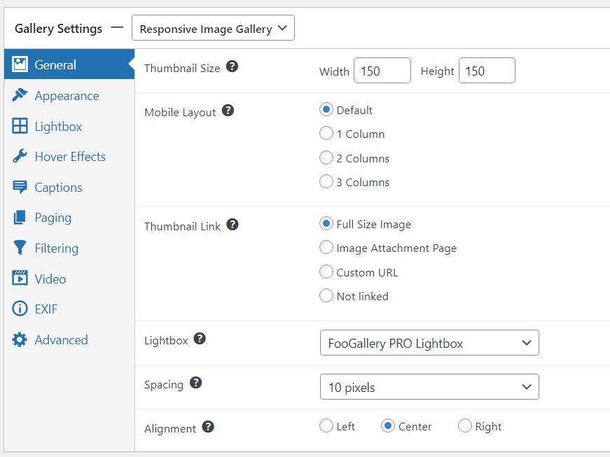 general settings for responsive gallery layout