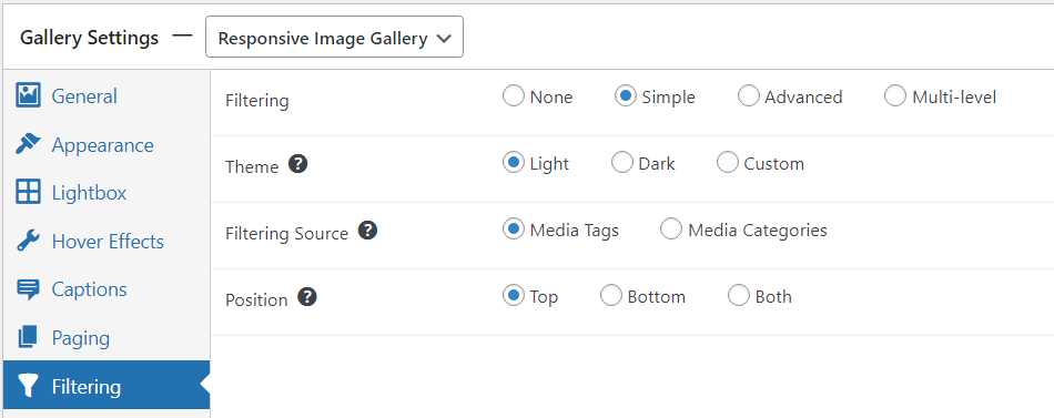 filtering options for FooGallery PRO