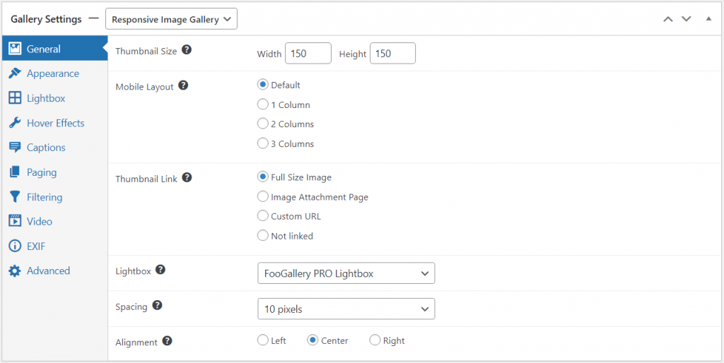 responsive gallery settings