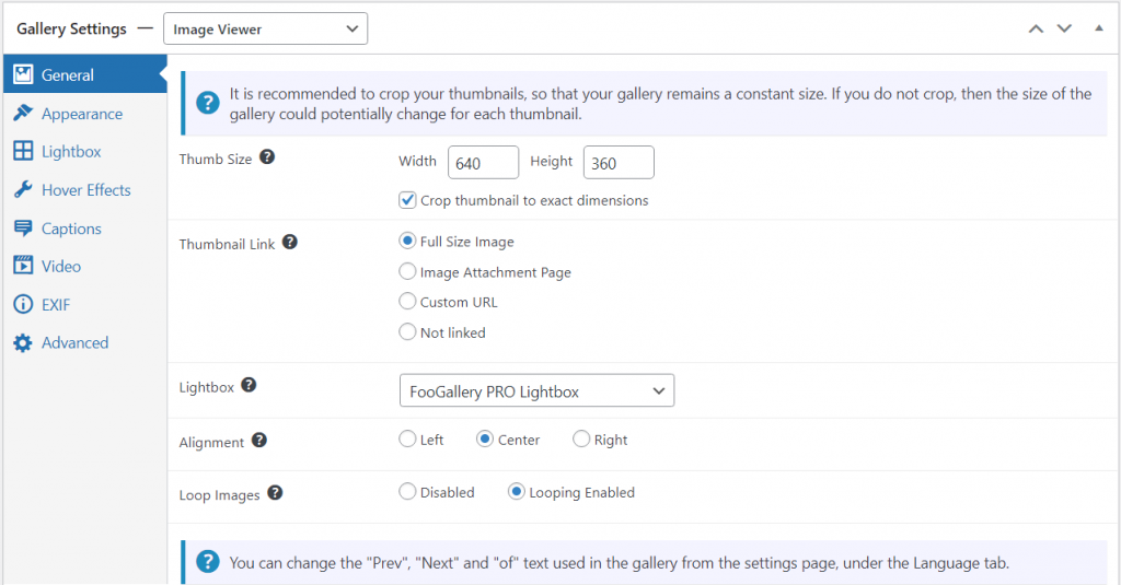 Image Viewer Gallery settings