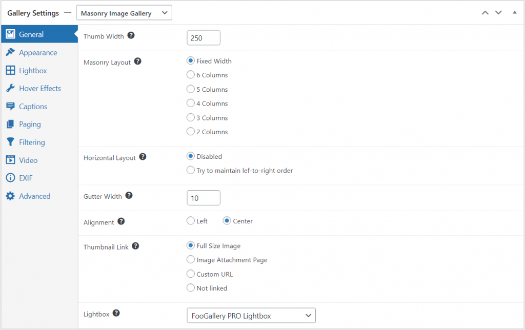 Masonry gallery settings in FooGallery free