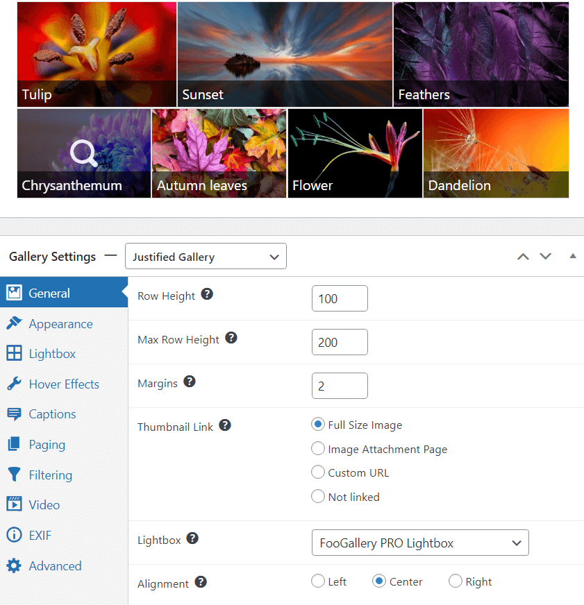 Justified gallery layout and settings