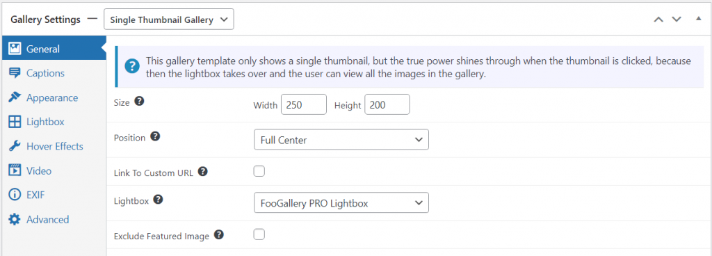 Single Thumbnail gallery settings