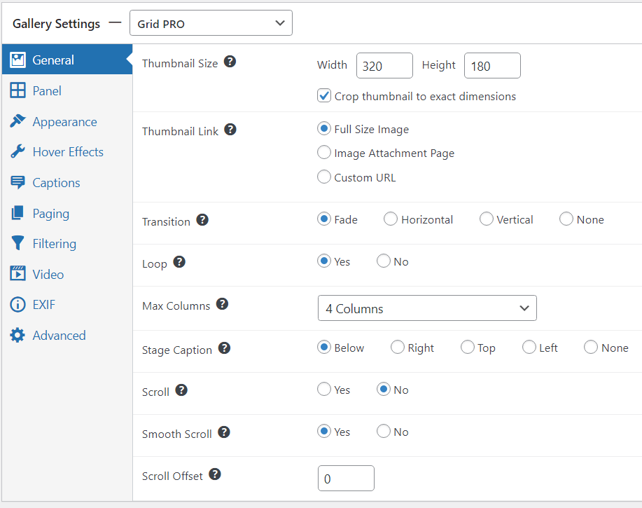 Grid pro gallery template settings