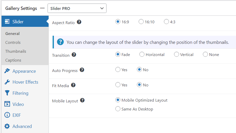 General settings for slider pro gallery