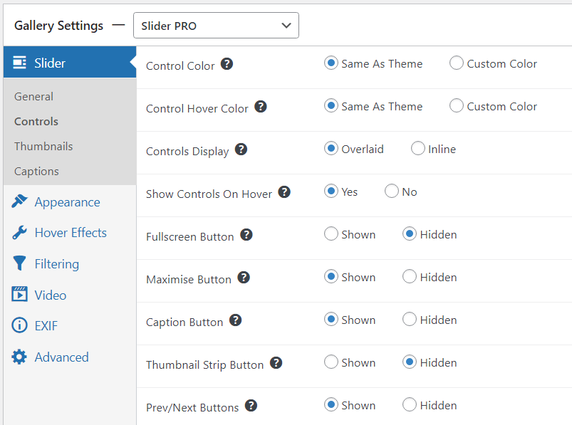 controls settings for slider pro gallery