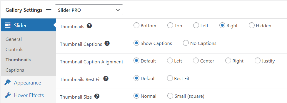 Thumbnail settings for slider pro layout in FooGallery Pro