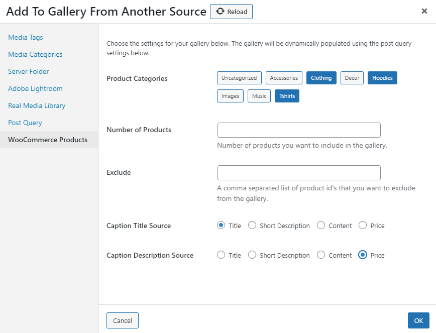 Options for product images in gallery