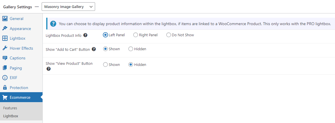 Pro commerce lightbox settings