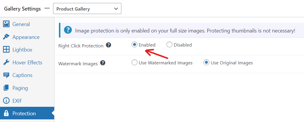 enable or disable right click protection for your galleries