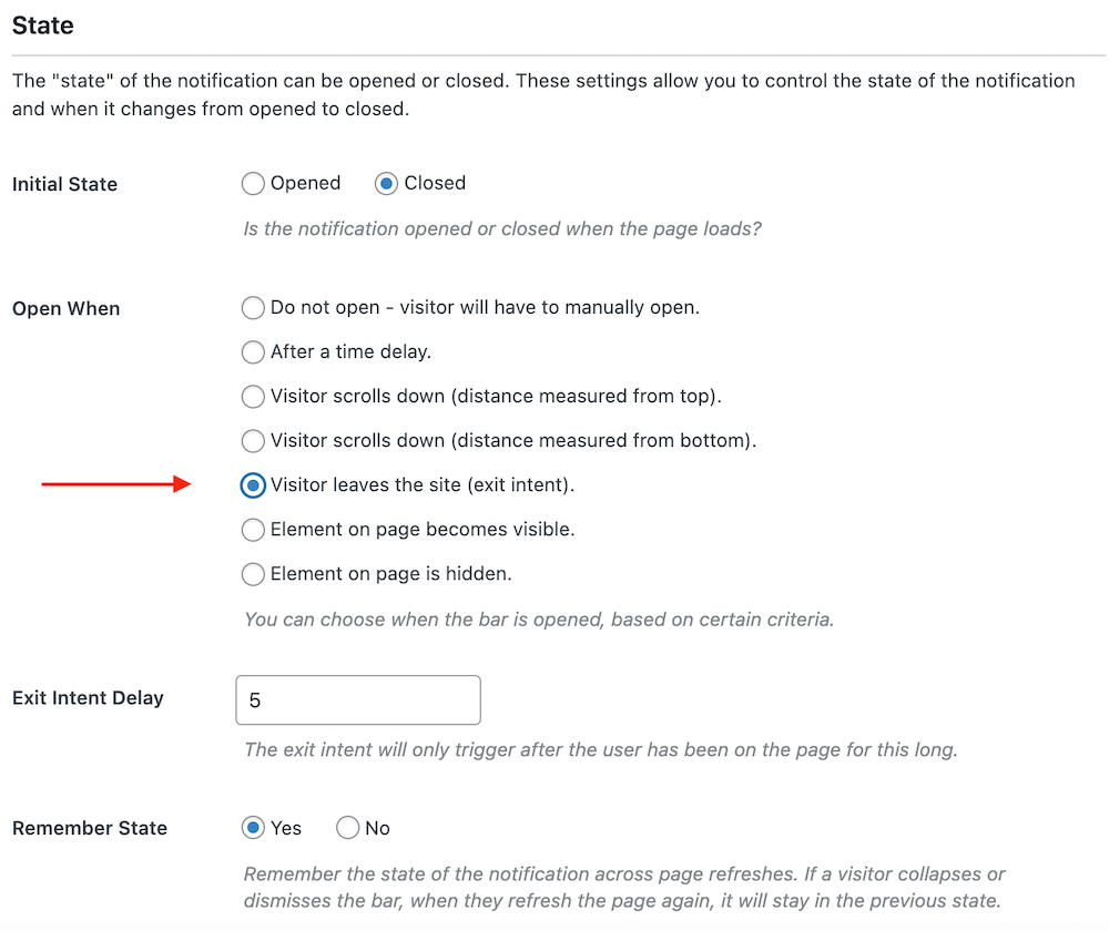 Exit intent settings in foobar pro