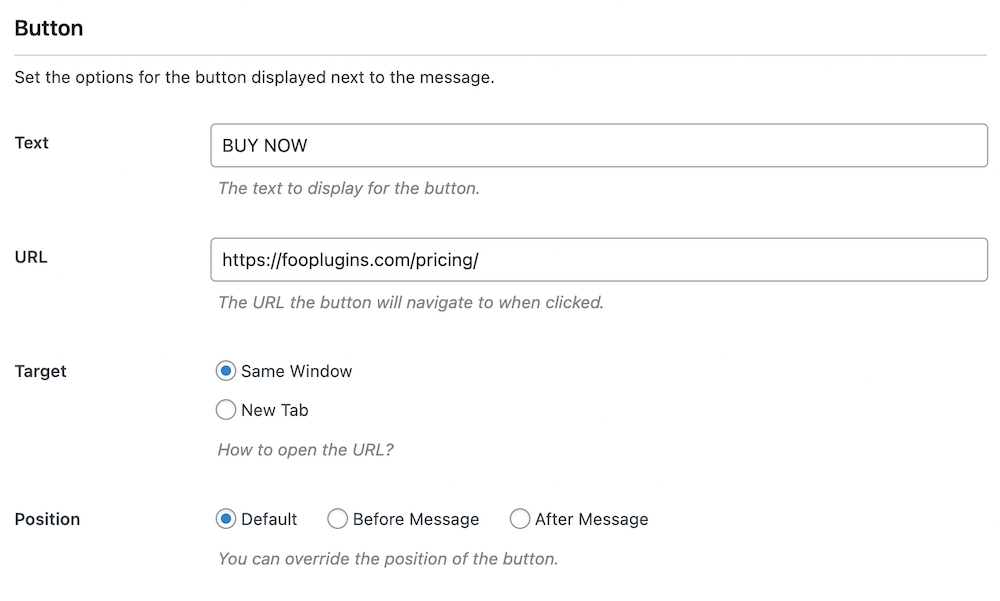 CTA button settings