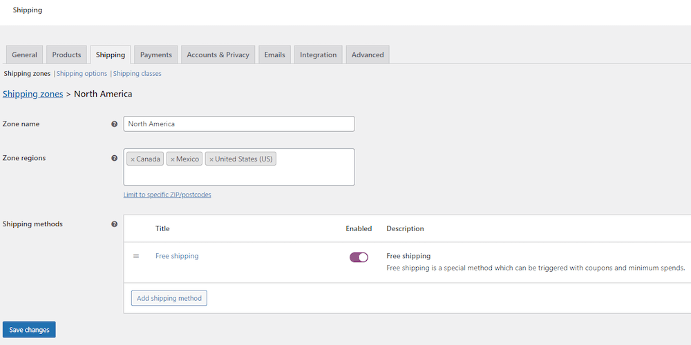 Free shipping settings in woocommerce