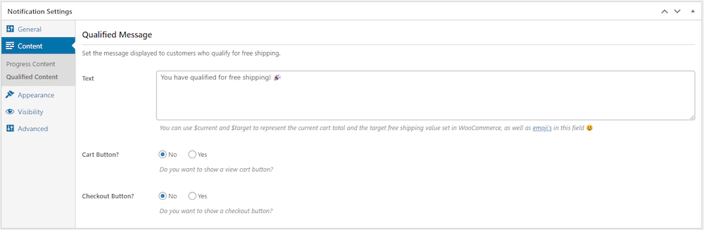 qualified content message for woocommerce free shipping bar