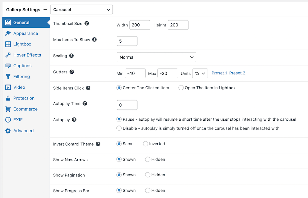 General settings for carousel gallery layout