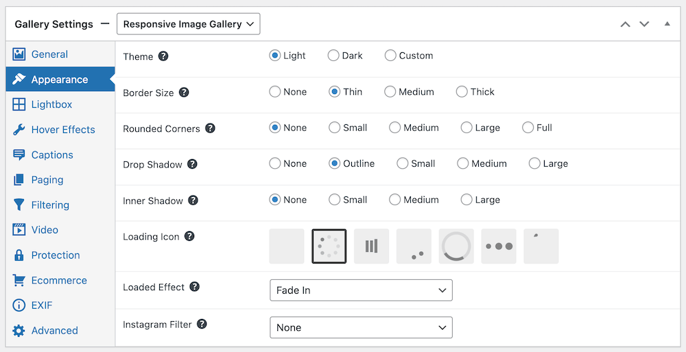 Standard Gallery appearance settings