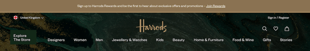 example of a top bar notification on Harrods