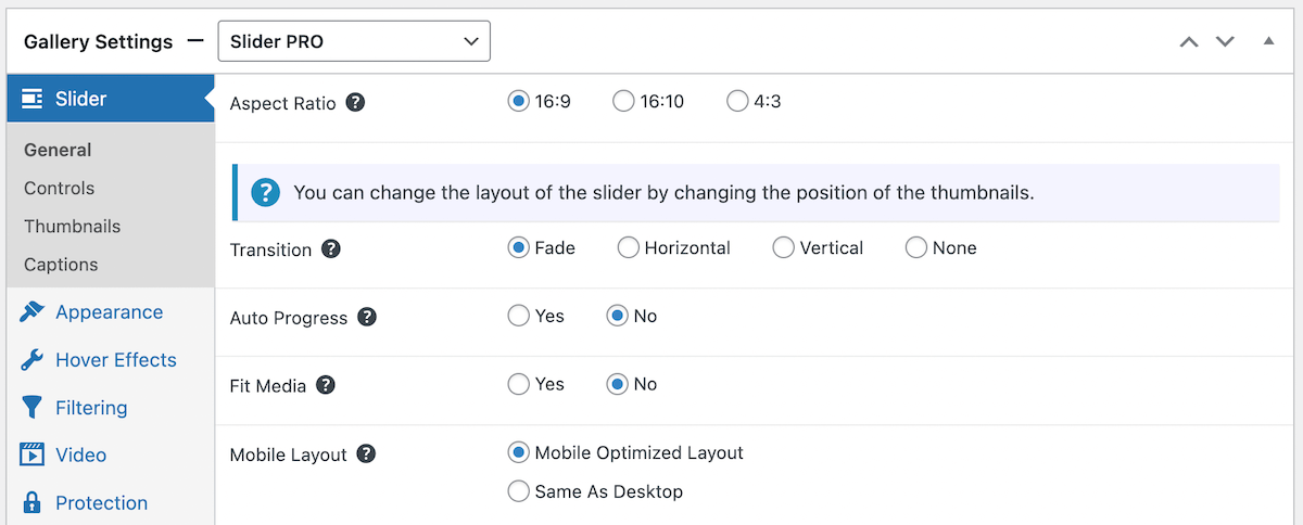 Slider PRO panel settings