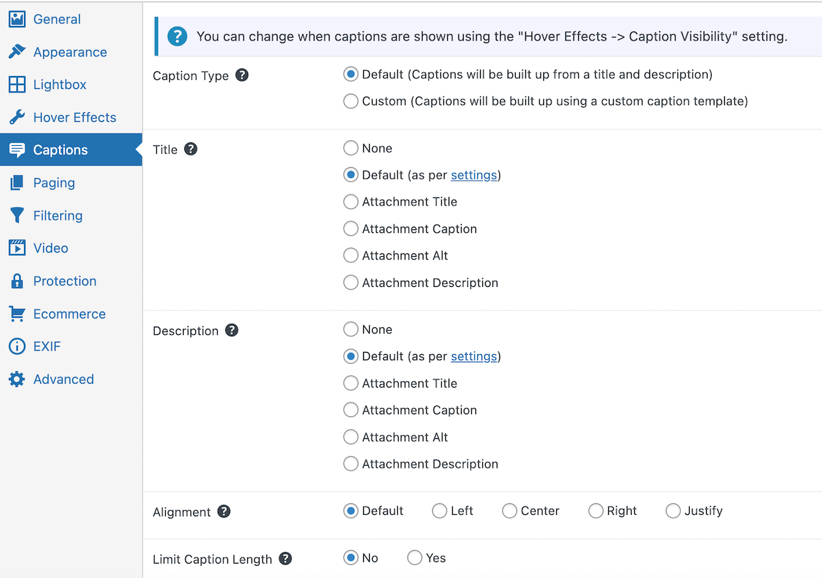 Caption settings for FooGallery