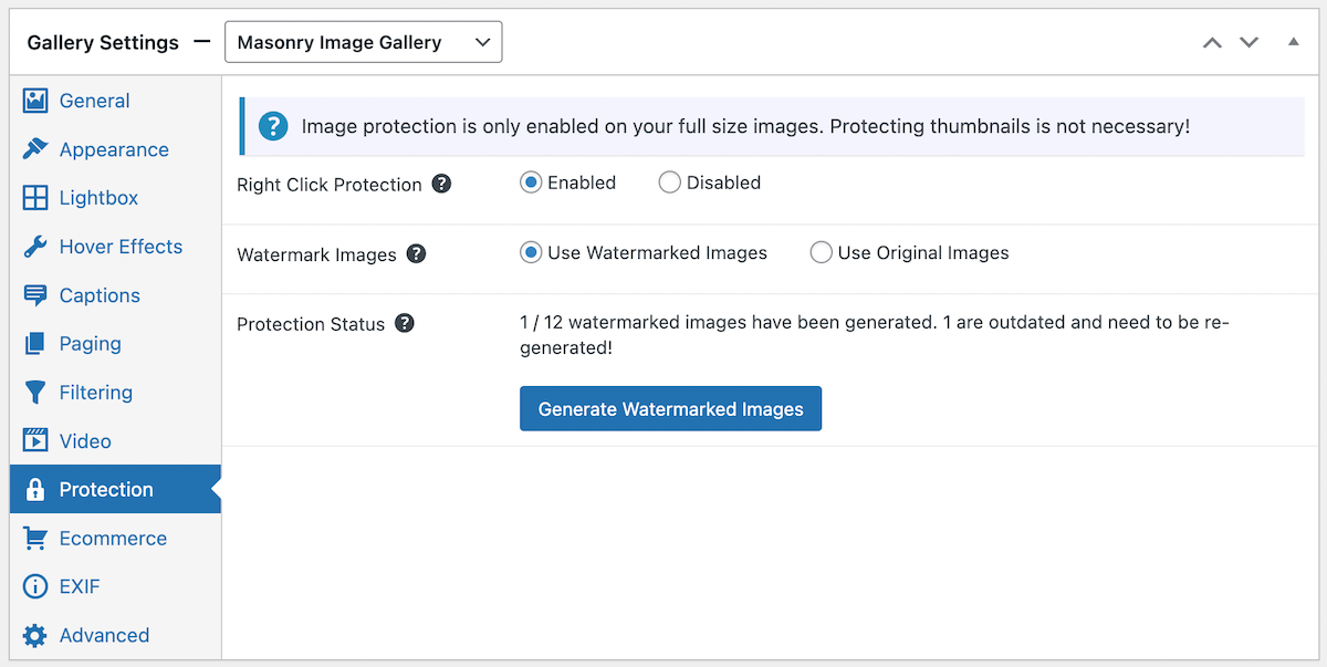 protection settings in masonry gallery layout