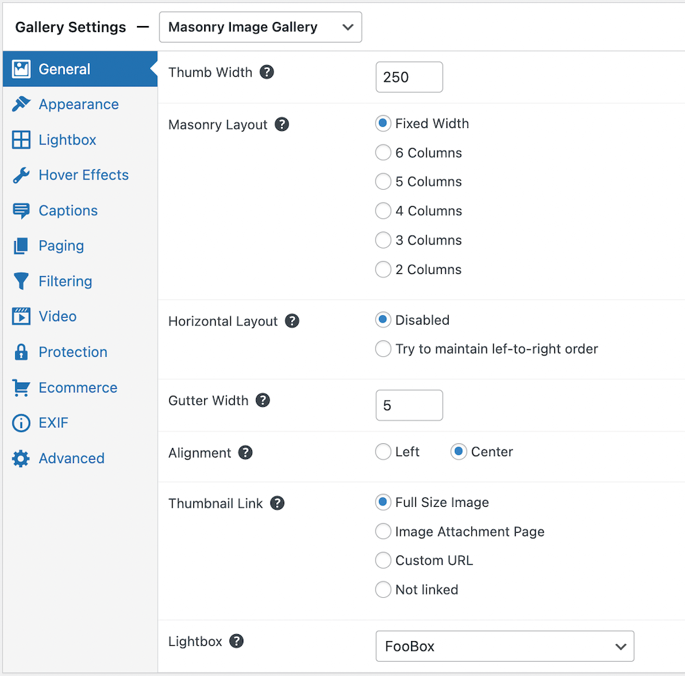 general settings for a masonry gallery