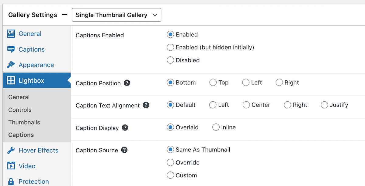 lightbox caption settings