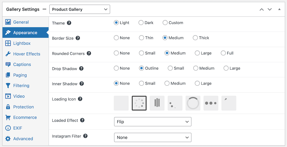 appearance settings for product gallery