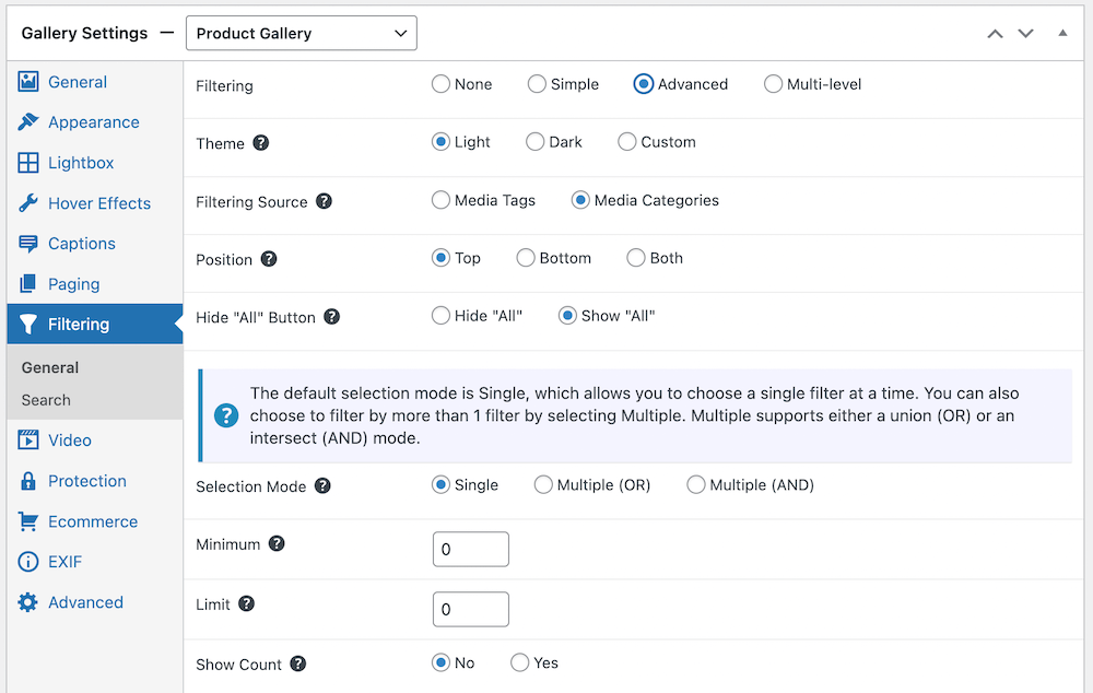 Advanced filtering settings in FooGallery PRO