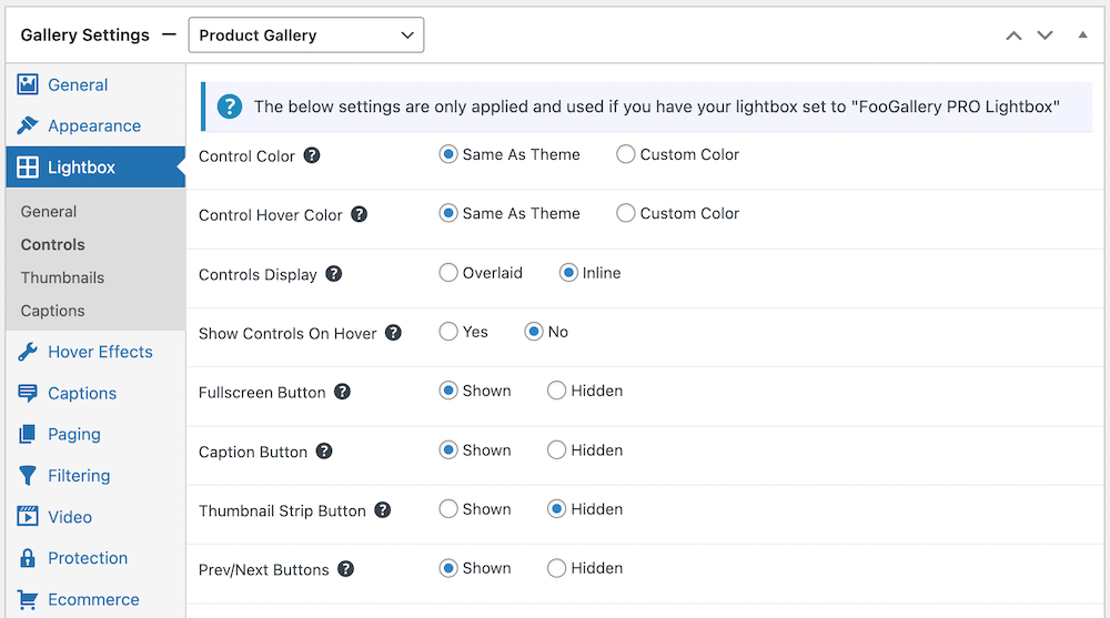 Built-in lightbox settings