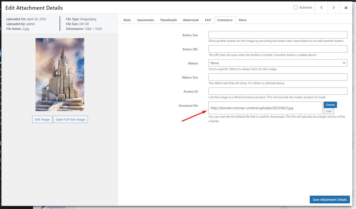 add url for file download in the advanced attachment modal