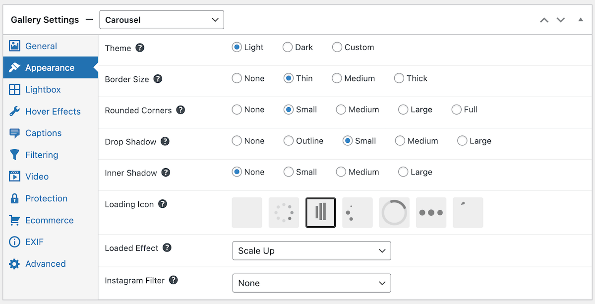 Appearance settings for the carousel gallery layout